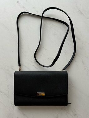 kate spade Black Saffiano Crossbody Wallet with Gold Hardware
